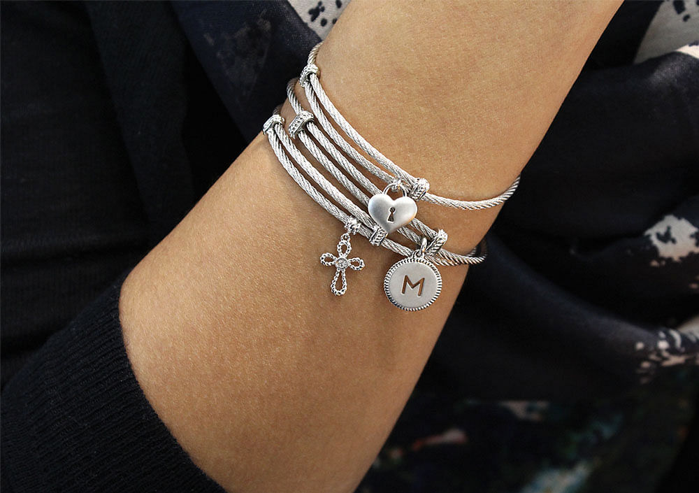 Adjustable Twisted Cable Stainless Steel Bangle with Sterling Silver and White Sapphire Cross Charm angle 